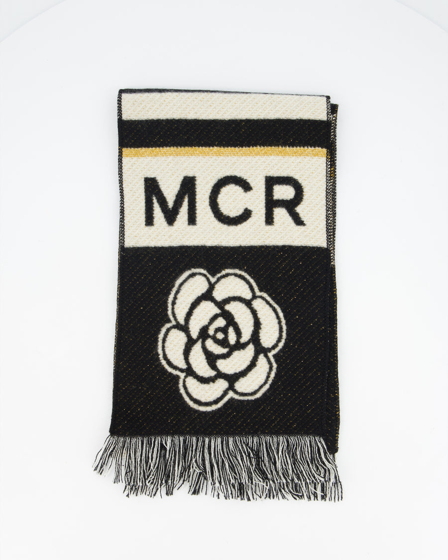 Chanel Black, White and Gold Manchester Métiers des Arts Collection Scarf With CC and Camellia Details