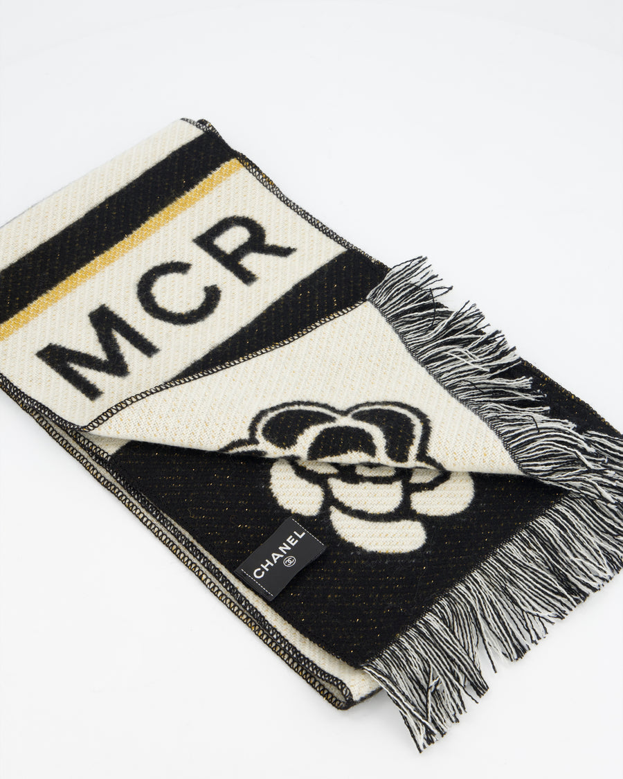 Chanel Black, White and Gold Manchester Métiers des Arts Collection Scarf With CC and Camellia Details