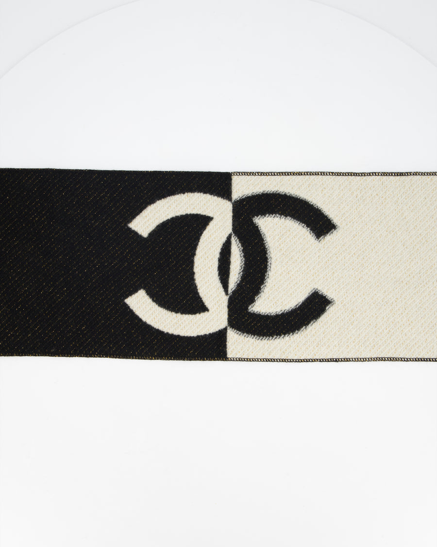 Chanel Black, White and Gold Manchester Métiers des Arts Collection Scarf With CC and Camellia Details