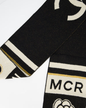 Chanel Black, White and Gold Manchester Métiers des Arts Collection Scarf With CC and Camellia Details