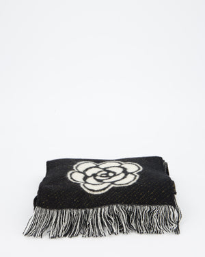 Chanel Black, White and Gold Manchester Métiers des Arts Collection Scarf With CC and Camellia Details