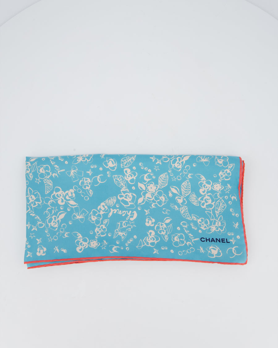 Chanel Blue Floral Silk Twill Scarf 65cm x 65cm