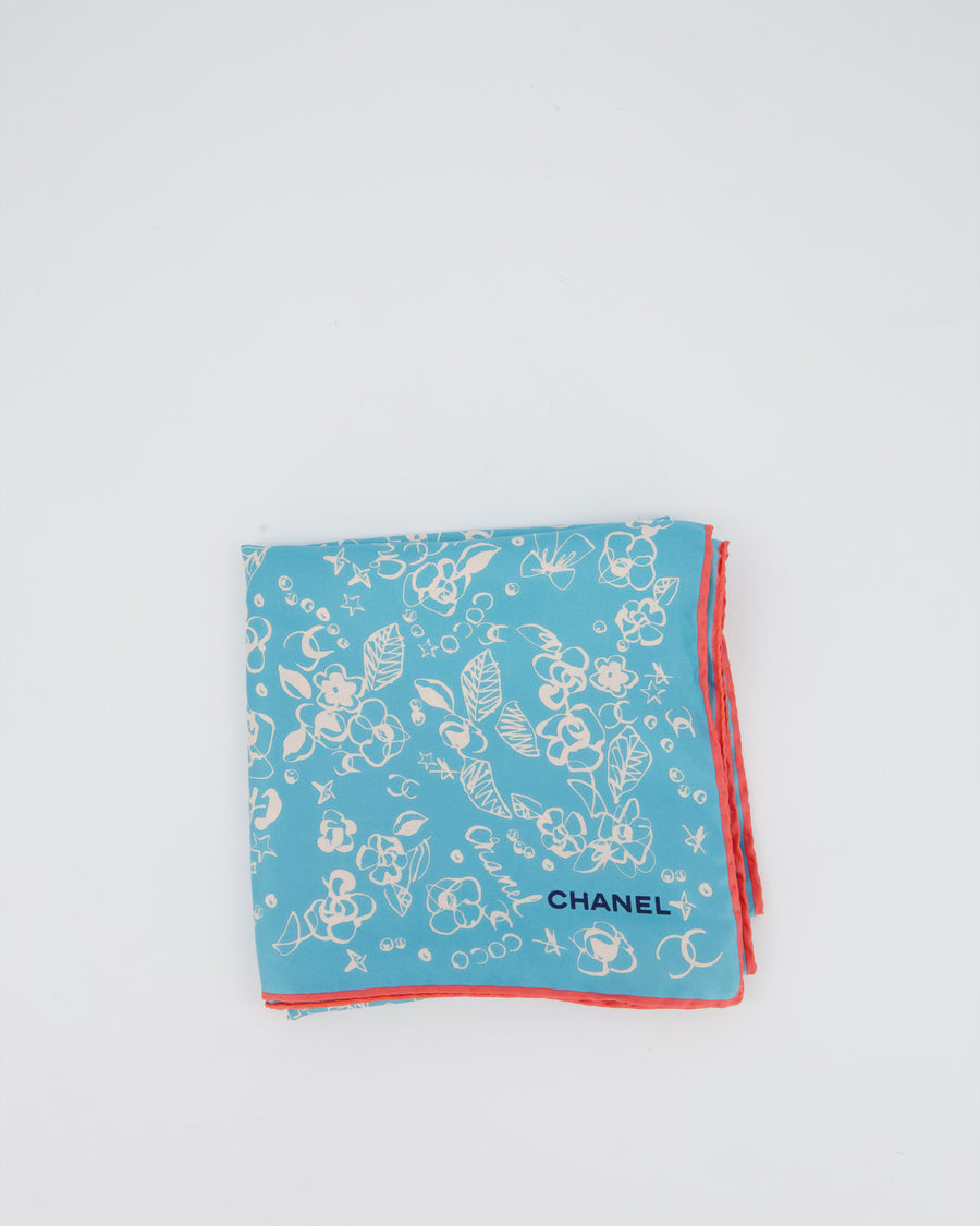 Chanel Blue Floral Silk Twill Scarf 65cm x 65cm