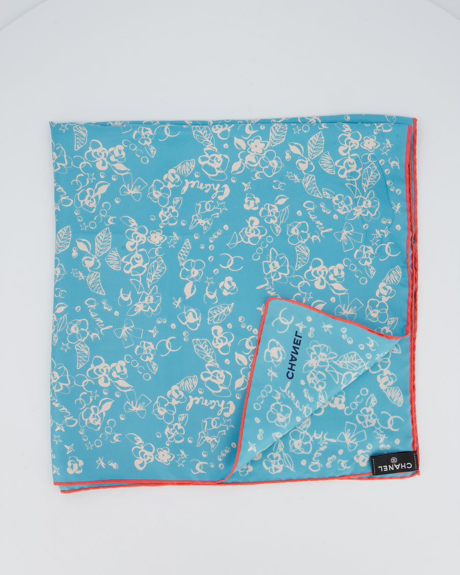 Chanel Blue Floral Silk Twill Scarf 65cm x 65cm