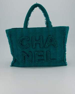 Chanel Turquoise Tweed Tote Bag with Chanel Logo Details
