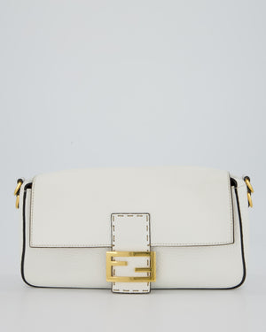Fendi White Baguette Medium Shoulder Bag in Calfskin Leather with Black Trim and Gold Hardware