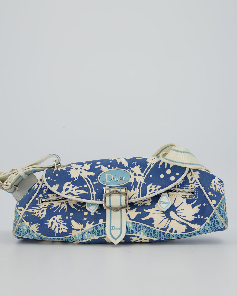 Christian Dior Vintage Surf Chick Shoulder Bag In Blue Canvas with Floral Details