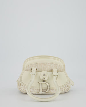 Christian Dior Vintage Mini Detective Bag in White Leather and Oblique Canvas with Silver Hardware