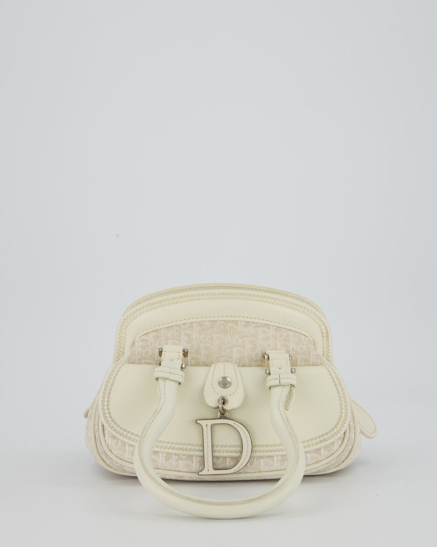 Christian Dior Vintage Mini Detective Bag in White Leather and Oblique Canvas with Silver Hardware