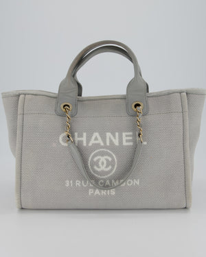 Chanel Grey Small Deauville Tote Bag in Canvas with Champagne Gold Hardware