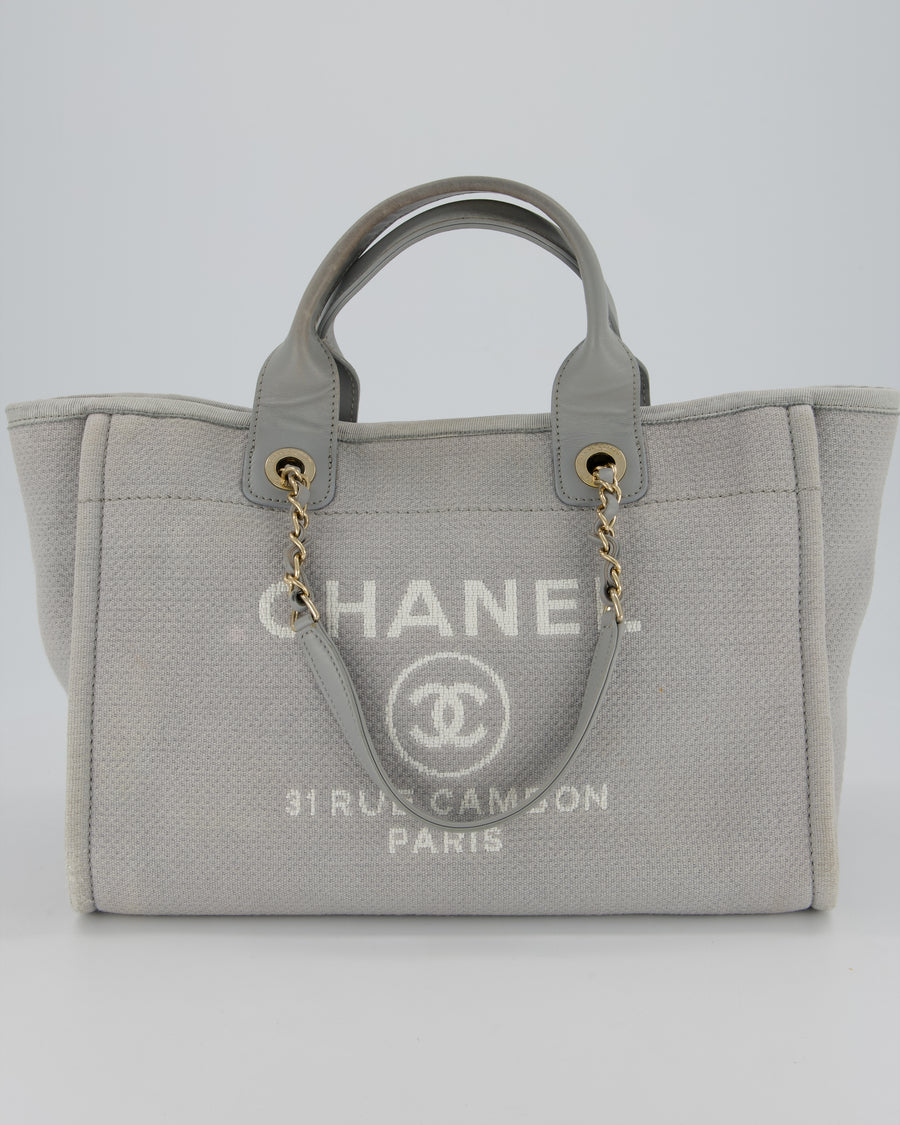 Chanel Grey Small Deauville Tote Bag in Canvas with Champagne Gold Hardware