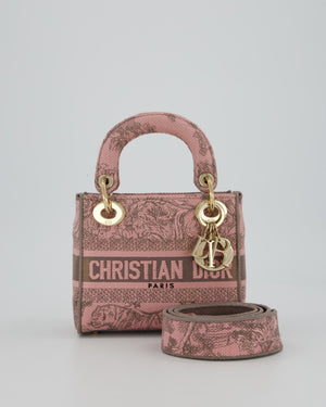 Christian Dior Pink and Brown Diorivera Collection Mini Lady D-Lite Bag With Toile De Jouy Print in Canvas and Gold Hardware