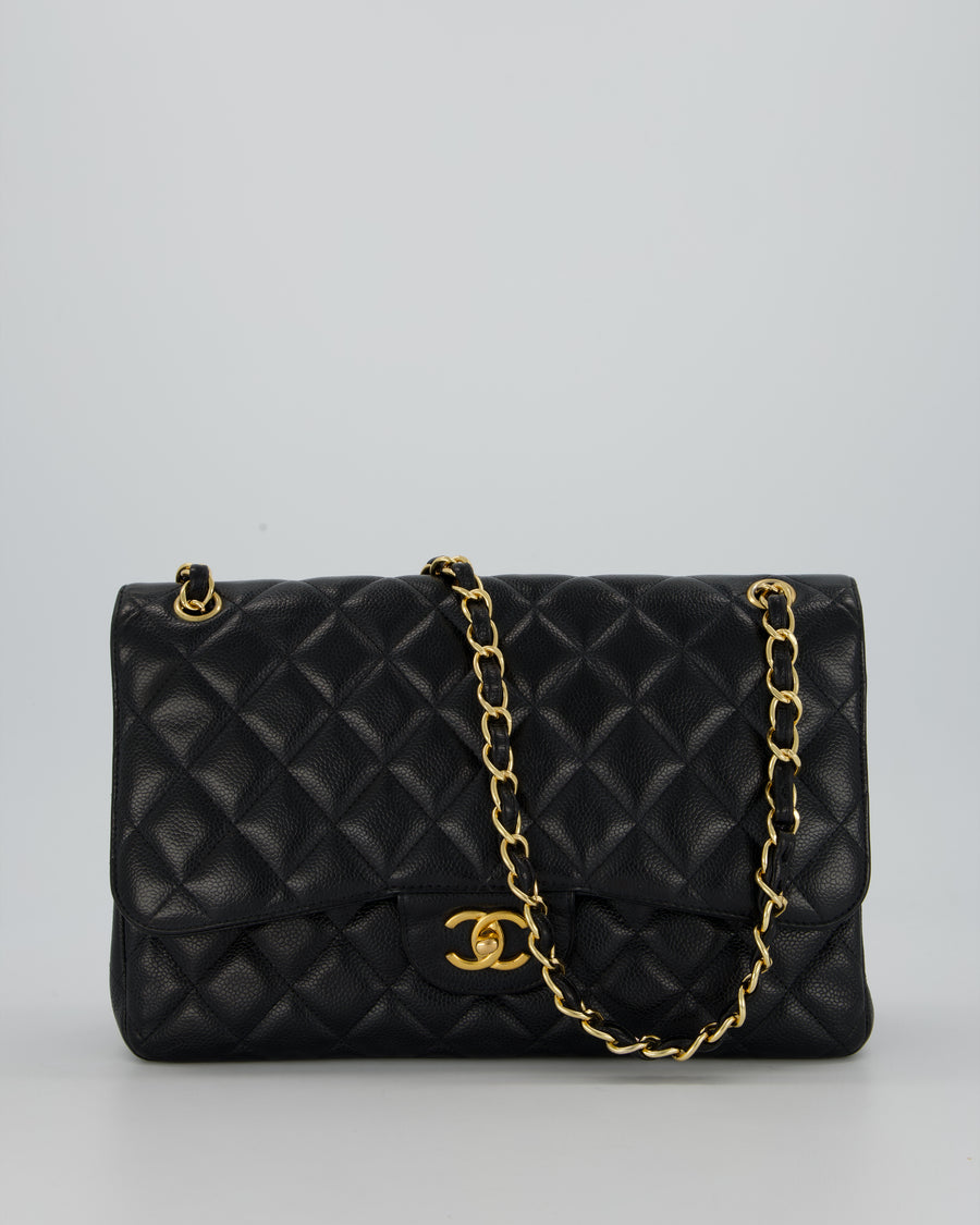 Chanel Black Jumbo Classic Double Flap Bag in Caviar Leather with Gold Hardware