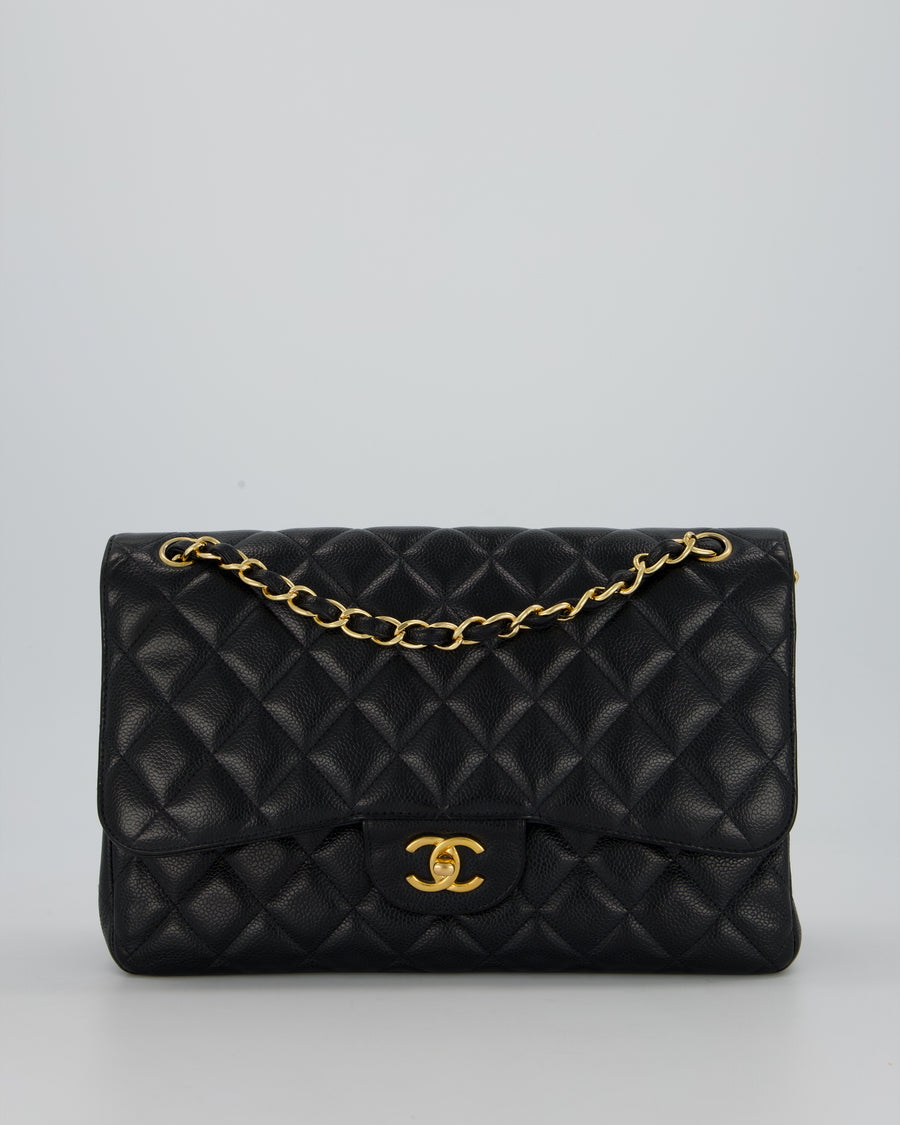 Chanel Black Jumbo Classic Double Flap Bag in Caviar Leather with Gold Hardware
