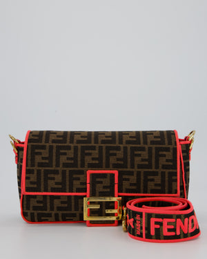 Fendi Brown Zucca Monogram Medium Baguette Bag In Canvas With Pink Trimming and Gold Hardware