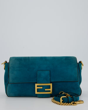 Fendi Teal Blue Medium Baguette Bag In Suede Leather With Gold Hardware