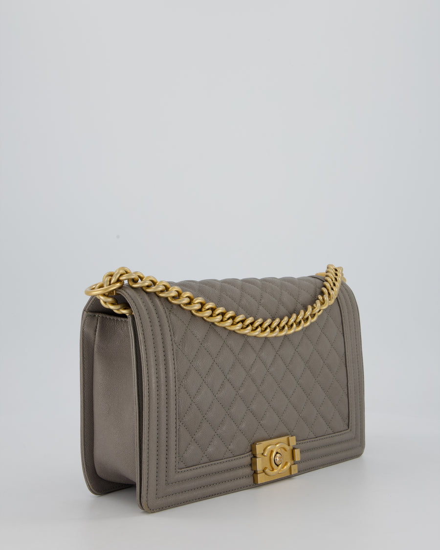 Chanel Grey New Medium Boy Bag in Caviar Leather with Brushed Gold Hardware