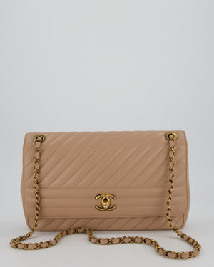 Chanel Large Chevron Statement Flap Bag in Beige Goatskin with Aged Gold Hardware