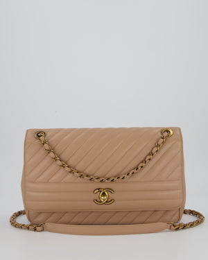 Chanel Large Chevron Statement Flap Bag in Beige Goatskin with Aged Gold Hardware