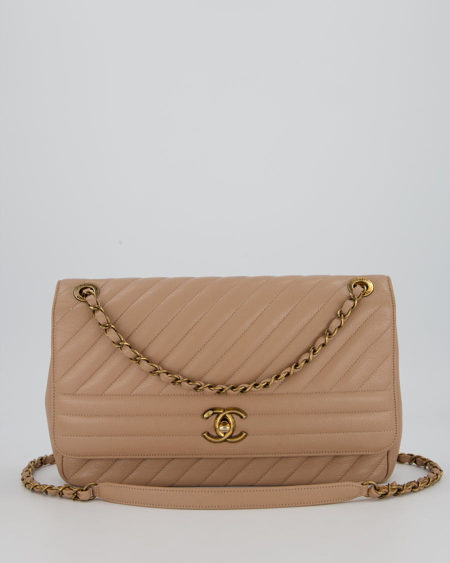Chanel Large Chevron Statement Flap Bag in Beige Goatskin with Aged Gold Hardware