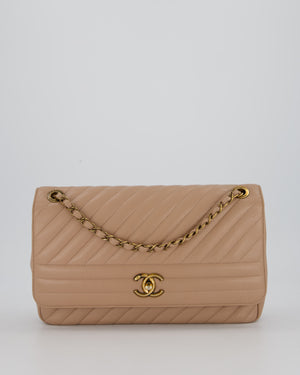 Chanel Large Chevron Statement Flap Bag in Beige Goatskin with Aged Gold Hardware
