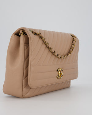 Chanel Large Chevron Statement Flap Bag in Beige Goatskin with Aged Gold Hardware