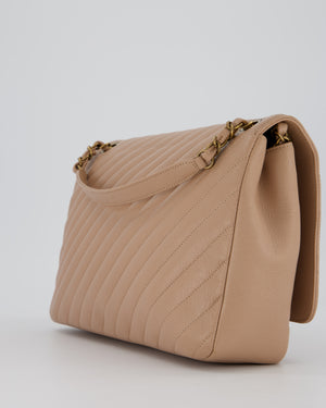 Chanel Large Chevron Statement Flap Bag in Beige Goatskin with Aged Gold Hardware