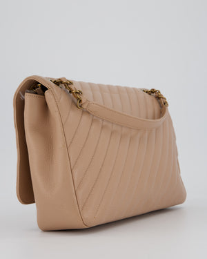 Chanel Large Chevron Statement Flap Bag in Beige Goatskin with Aged Gold Hardware