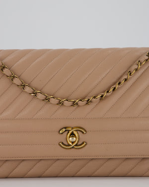 Chanel Large Chevron Statement Flap Bag in Beige Goatskin with Aged Gold Hardware