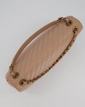 Chanel Large Chevron Statement Flap Bag in Beige Goatskin with Aged Gold Hardware