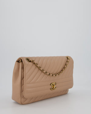 Chanel Large Chevron Statement Flap Bag in Beige Goatskin with Aged Gold Hardware