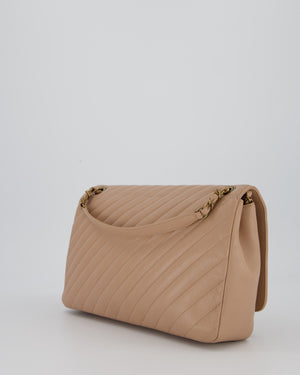 Chanel Large Chevron Statement Flap Bag in Beige Goatskin with Aged Gold Hardware