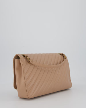 Chanel Large Chevron Statement Flap Bag in Beige Goatskin with Aged Gold Hardware