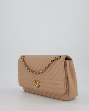 Chanel Large Chevron Statement Flap Bag in Beige Goatskin with Aged Gold Hardware