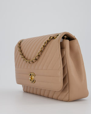 Chanel Large Chevron Statement Flap Bag in Beige Goatskin with Aged Gold Hardware
