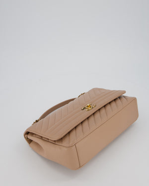 Chanel Large Chevron Statement Flap Bag in Beige Goatskin with Aged Gold Hardware