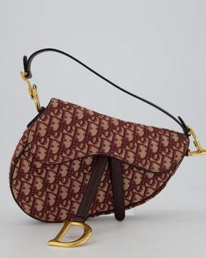Christian Dior Medium Saddle Bag in Burgundy Oblique Canvas and Calfskin Leather with Gold Hardware and Studded Shoulder Strap