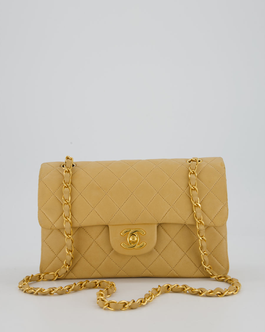 Chanel Vintage Beige Small Classic Double Flap Bag in Lambskin Leather with 24K Gold Hardware