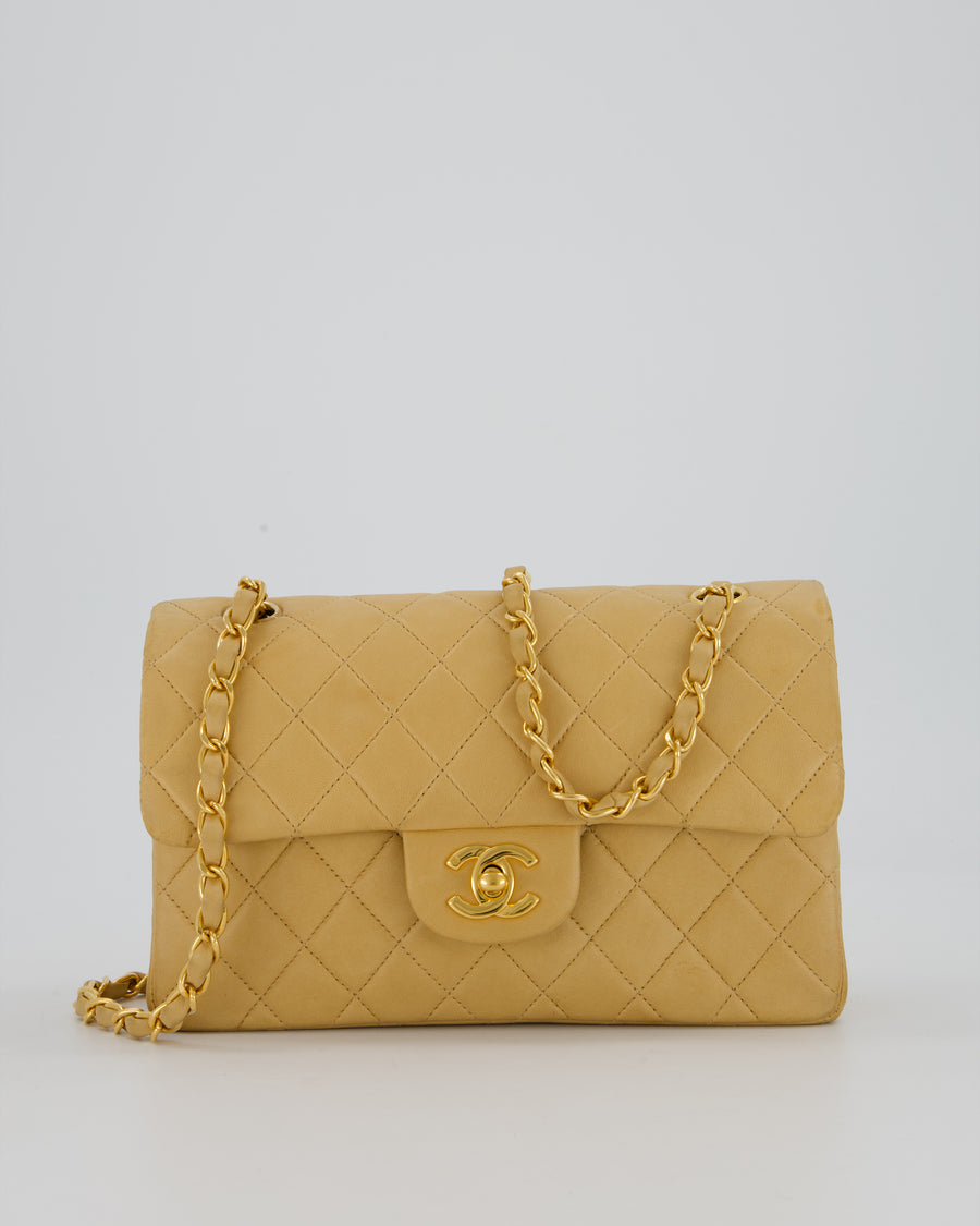 Chanel Vintage Beige Small Classic Double Flap Bag in Lambskin Leather with 24K Gold Hardware