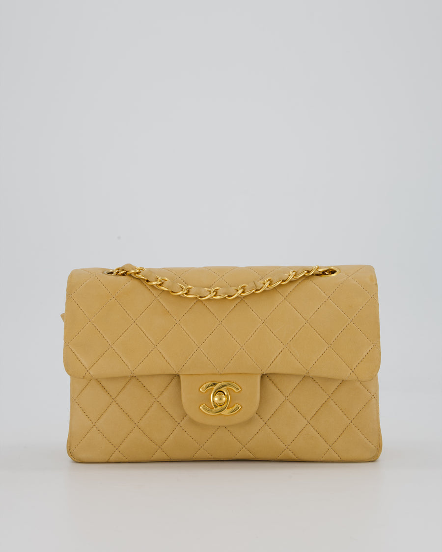 Chanel Vintage Beige Small Classic Double Flap Bag in Lambskin Leather with 24K Gold Hardware