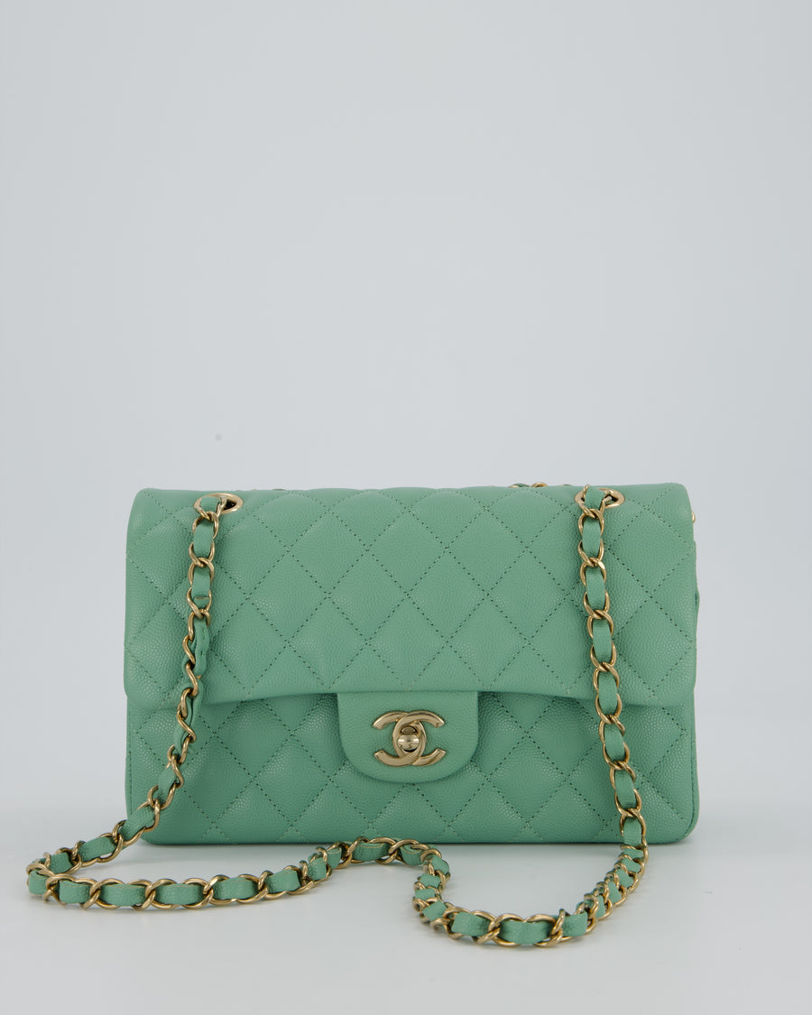 *SUPER HOT* Chanel 21P Mint Green Classic Small Double Flap Bag in Caviar Leather with Champagne Gold Hardware