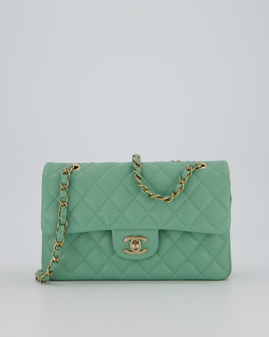 *SUPER HOT* Chanel 21P Mint Green Classic Small Double Flap Bag in Caviar Leather with Champagne Gold Hardware