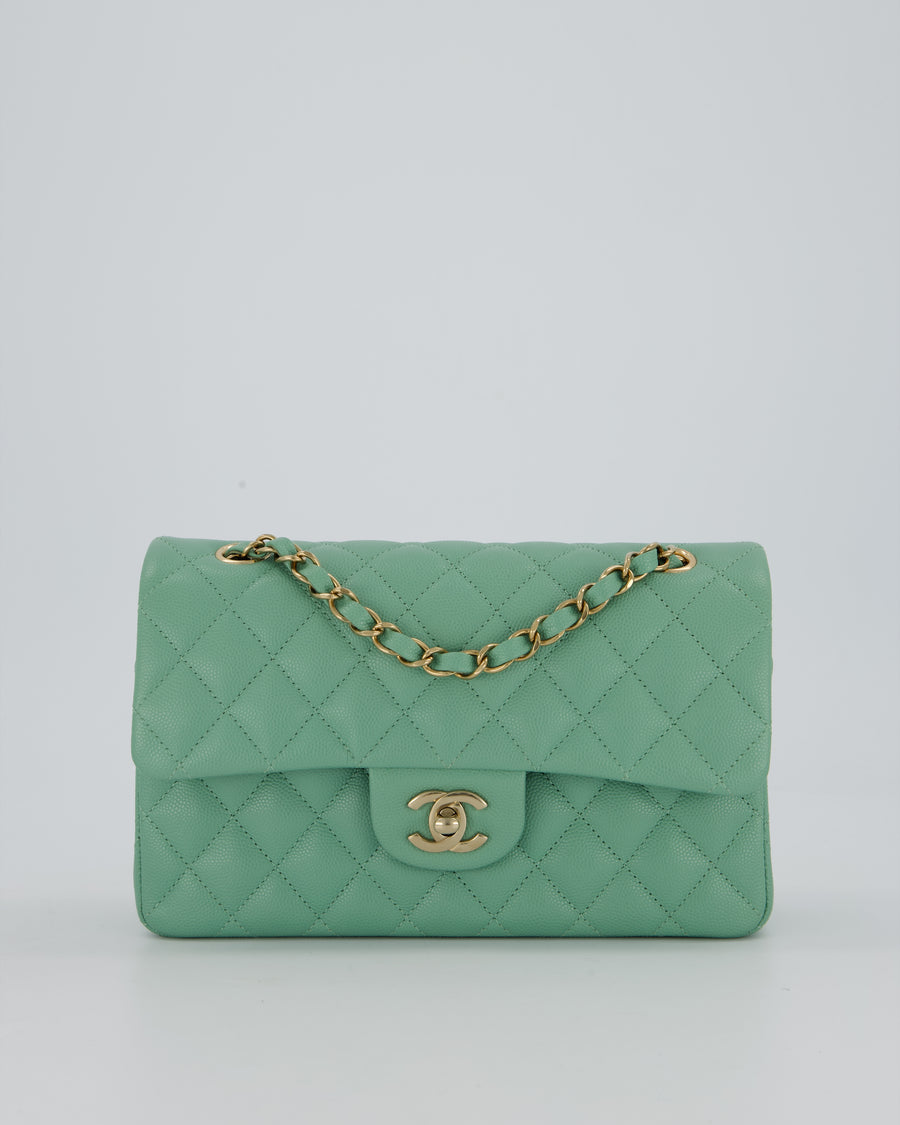 *SUPER HOT* Chanel 21P Mint Green Classic Small Double Flap Bag in Caviar Leather with Champagne Gold Hardware
