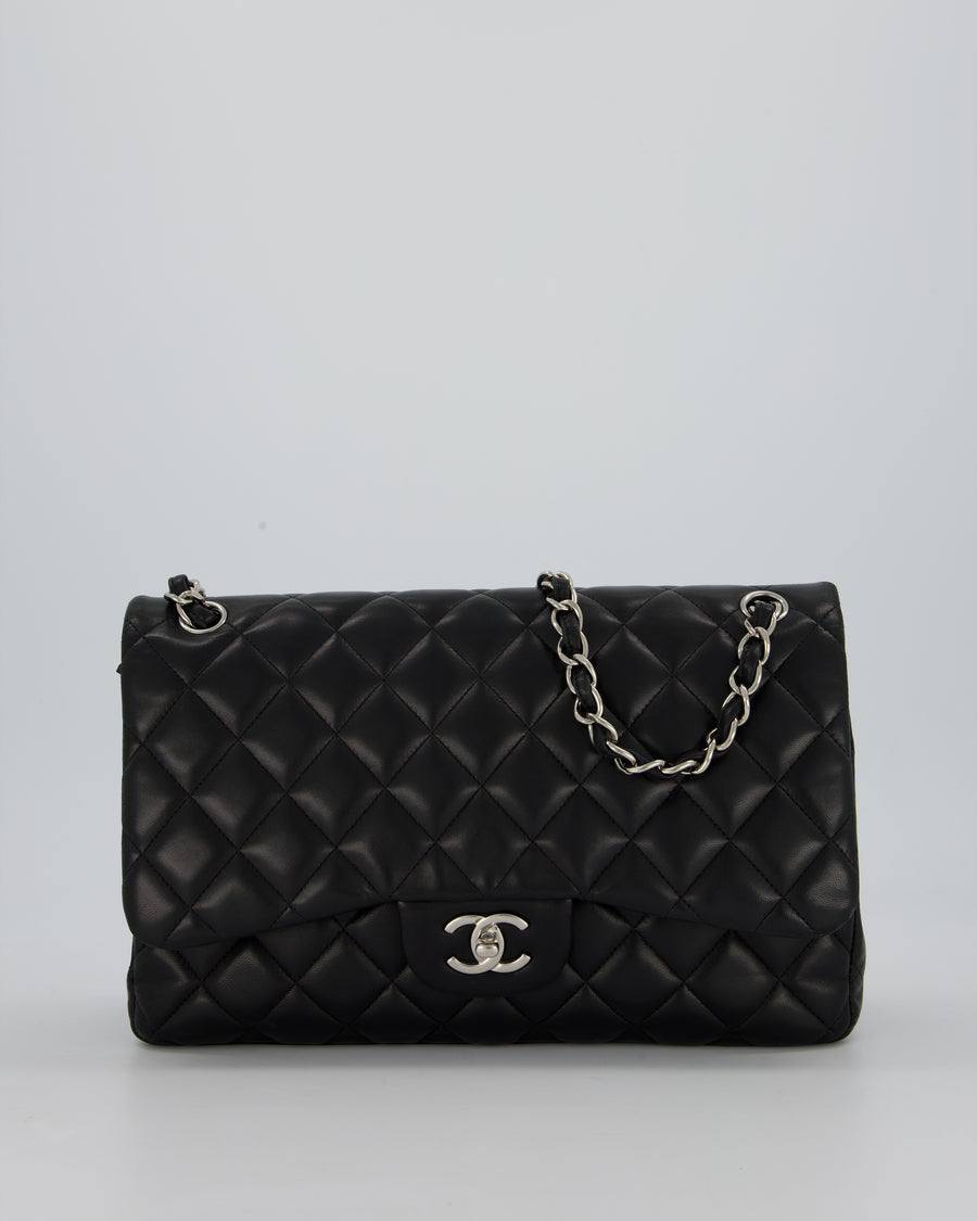 Chanel Black Jumbo Classic Double Flap Bag in Lambskin Leather with Silver Hardware