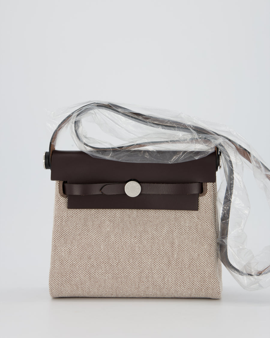 Hermès Mini Herbag Zip 20 Bag in Ebene Vache Hunter Leather & Ecru/Beige Viking Canvas with Palladium Hardware