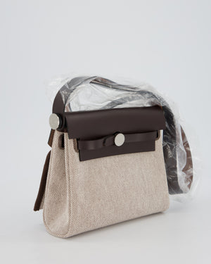 Hermès Mini Herbag Zip 20 Bag in Ebene Vache Hunter Leather & Ecru/Beige Viking Canvas with Palladium Hardware