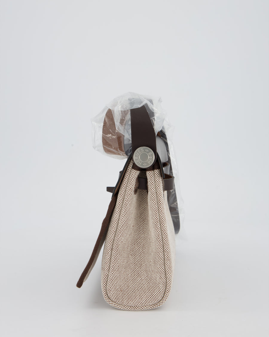 Hermès Mini Herbag Zip 20 Bag in Ebene Vache Hunter Leather & Ecru/Beige Viking Canvas with Palladium Hardware