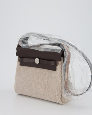 Hermès Mini Herbag Zip 20 Bag in Ebene Vache Hunter Leather & Ecru/Beige Viking Canvas with Palladium Hardware
