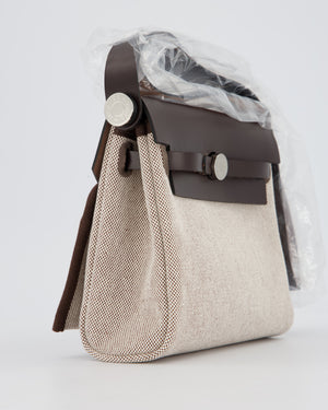 Hermès Mini Herbag Zip 20 Bag in Ebene Vache Hunter Leather & Ecru/Beige Viking Canvas with Palladium Hardware