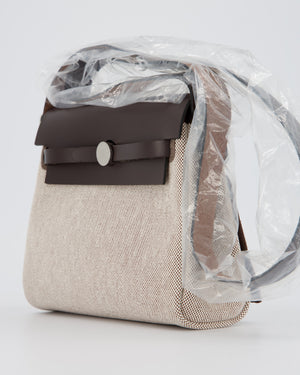 Hermès Mini Herbag Zip 20 Bag in Ebene Vache Hunter Leather & Ecru/Beige Viking Canvas with Palladium Hardware